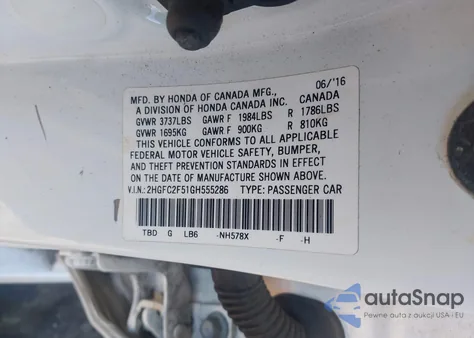 2016 Honda Civic Lx z USA, uszkodzony, nr VIN 2HGFC2F51GH555286